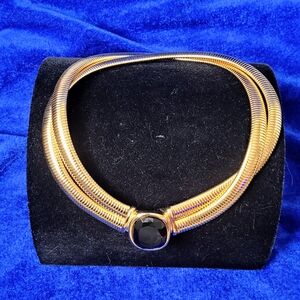Vintage Kenneth Jay Lane Gold Double Strand Omega Choker With Black Oval Stone